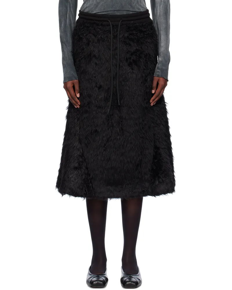 OPEN YY Black Shaggy Track Faux-Fur Midi Skirt Black