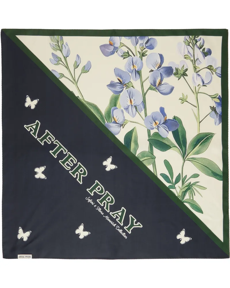 AFTER PRAY Navy & Green Flower Symbol Silk Scarf Navy