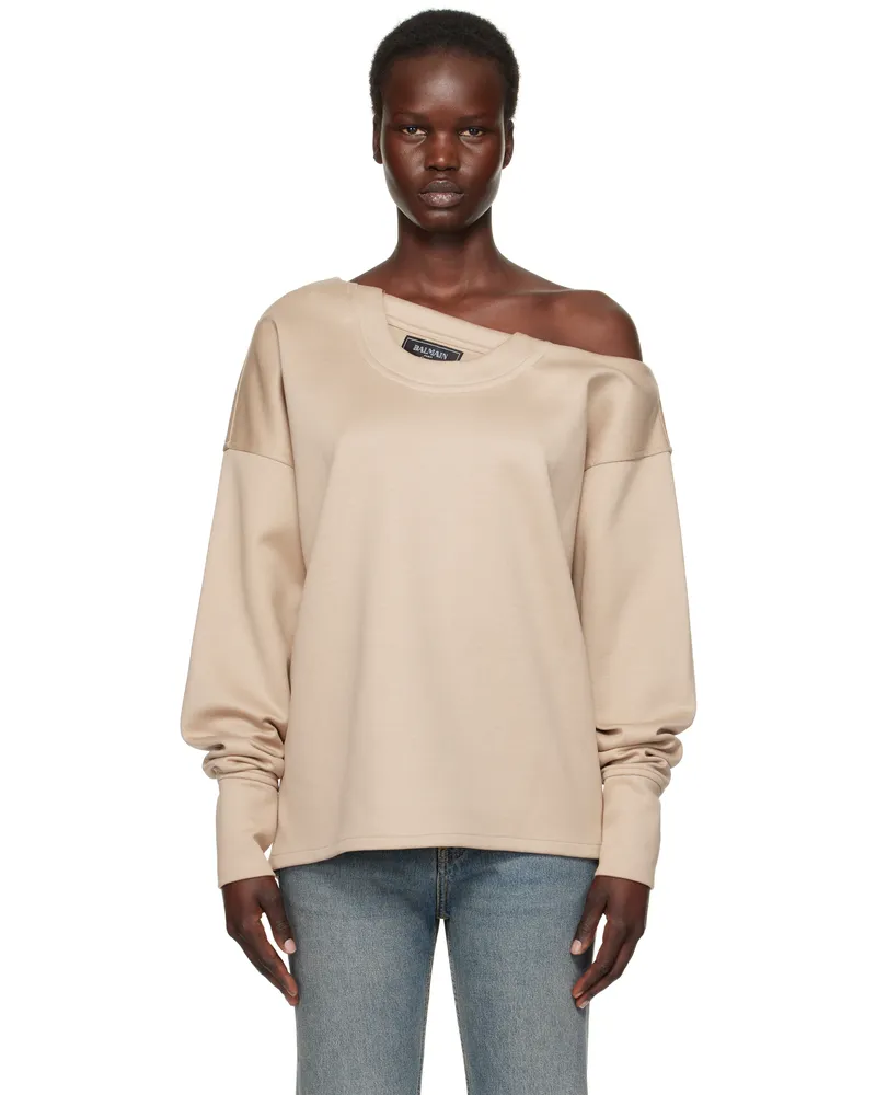 Balmain Beige Asymmetrical Jersey Off-The-Shoulder Sweatshirt 0dc
