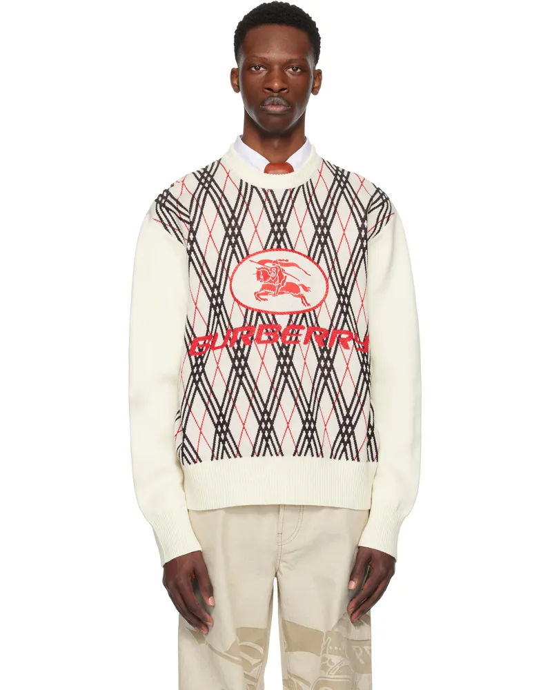 Burberry Off-White Argyle Check Wool Blend Sweater Chalk