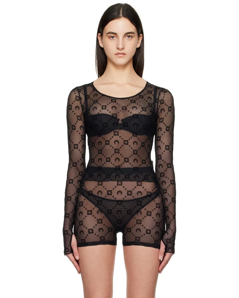 Marine Serre Black Moonogram Mesh Flock Second Skin Cropped T-shirt Bk99