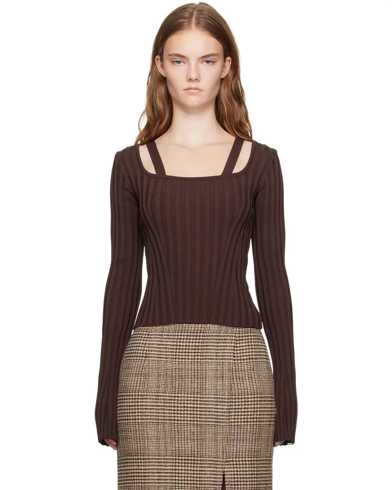 RECTO Brown Scoop Neck Fitted Sweater Brown