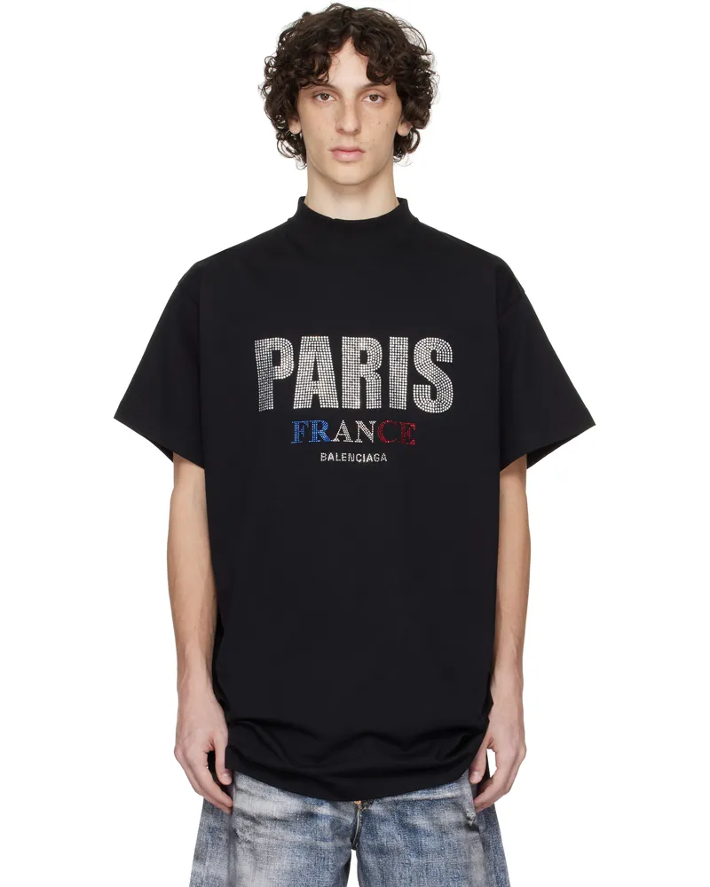 Balenciaga Black 'Paris' Strass Vintage Jersey Oversized T-shirt 1000