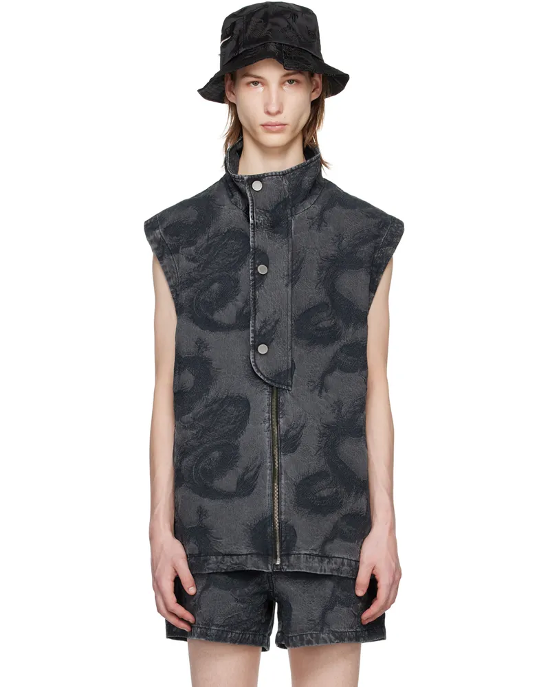 Feng Chen Wang Black Dragon Denim Vest Black