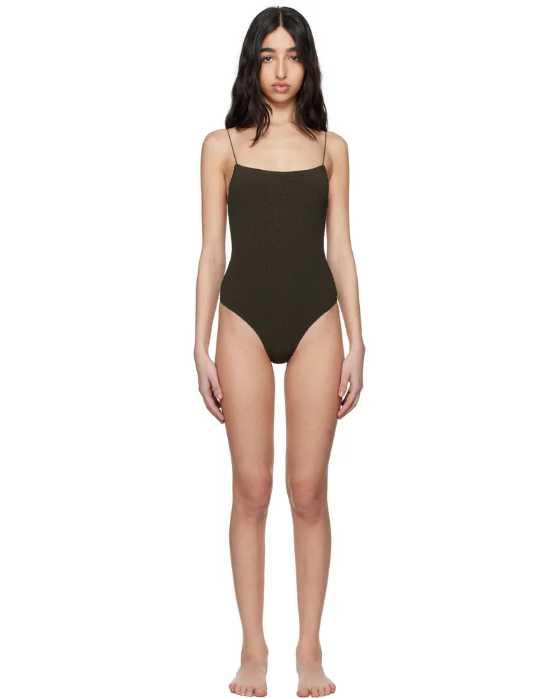 Totême Khaki Smocked Swimsuit Pepper