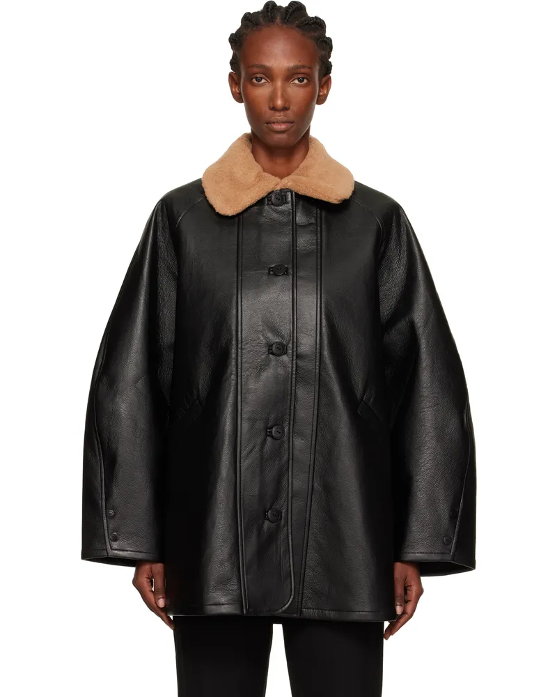 CORDERA Black Aviator Midi Faux-Leather Coat Black