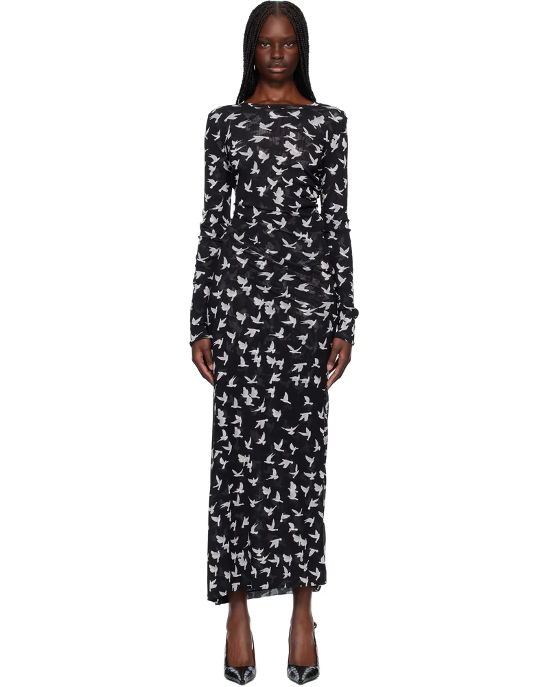 Stella McCartney Black Dove Print Mesh Long Sleeve Maxi Dress 1000