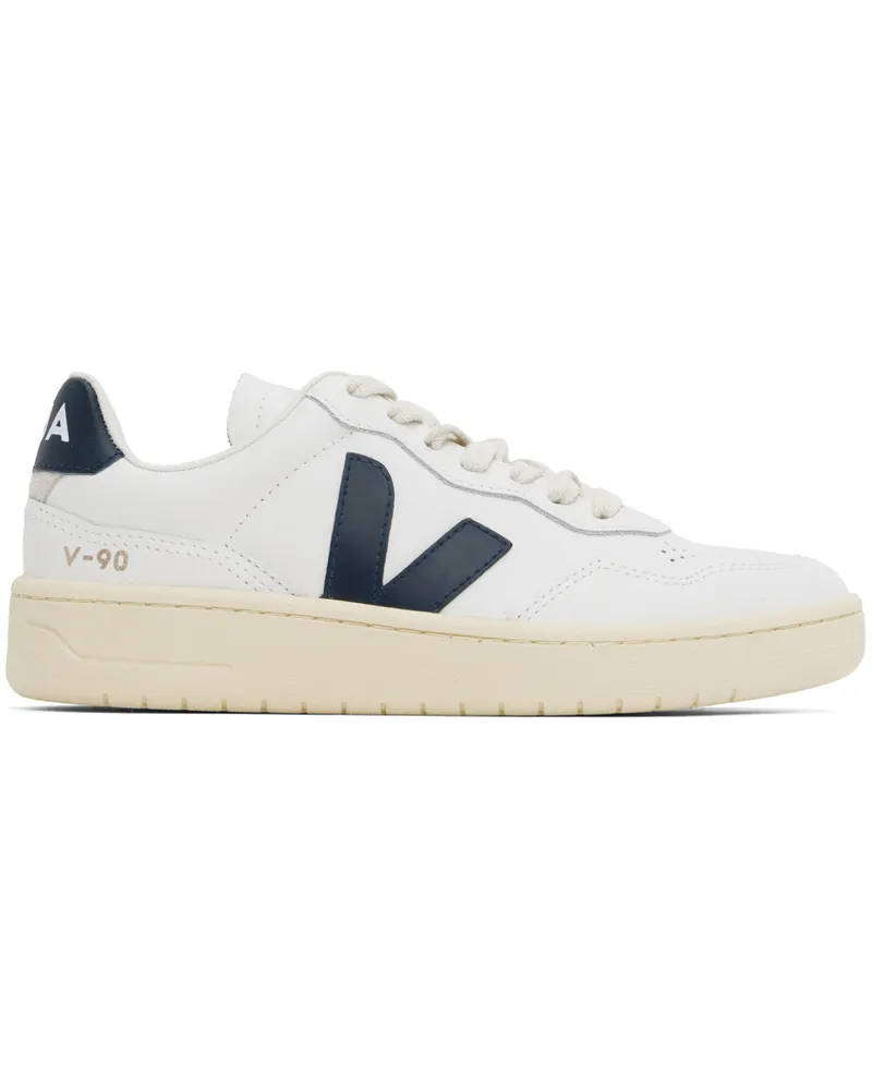 VEJA White & Navy V-90 Leather Sneakers Xtra