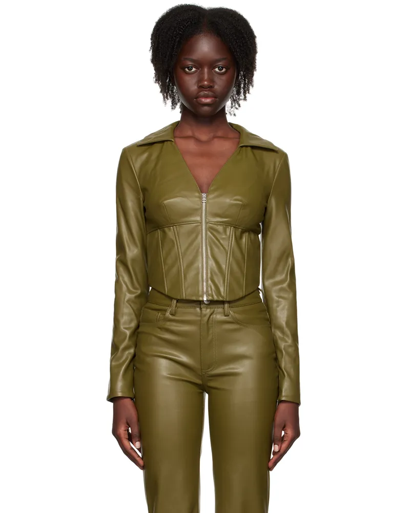 STAUD Green Brushes Faux-Leather Blouse Avocado