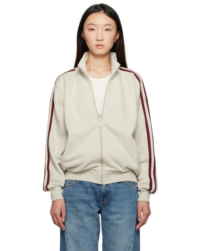 6397 Beige & Burgundy Fleecy Track Zip Up Sweatshirt Putty