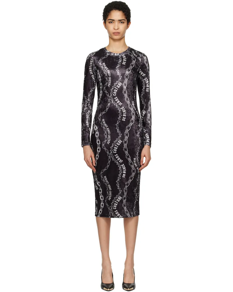 Versace Jeans Black Chain Couture Velvet Midi Dress E899