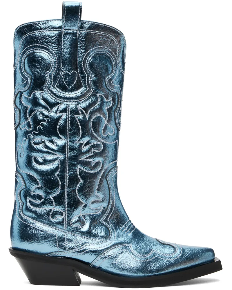Ganni Blue Metallic Mid Shaft Embroidered Western Boots 803