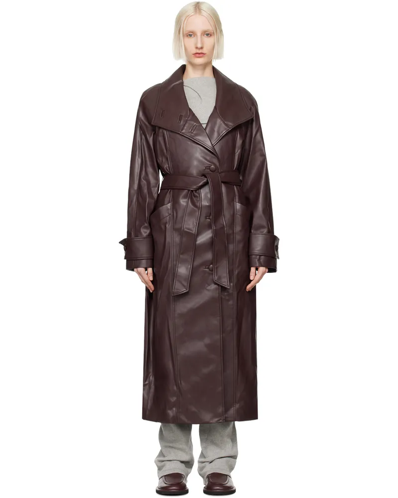 OPEN YY Burgundy High Neck Collar Faux-Leather Trench Coat Burgundy