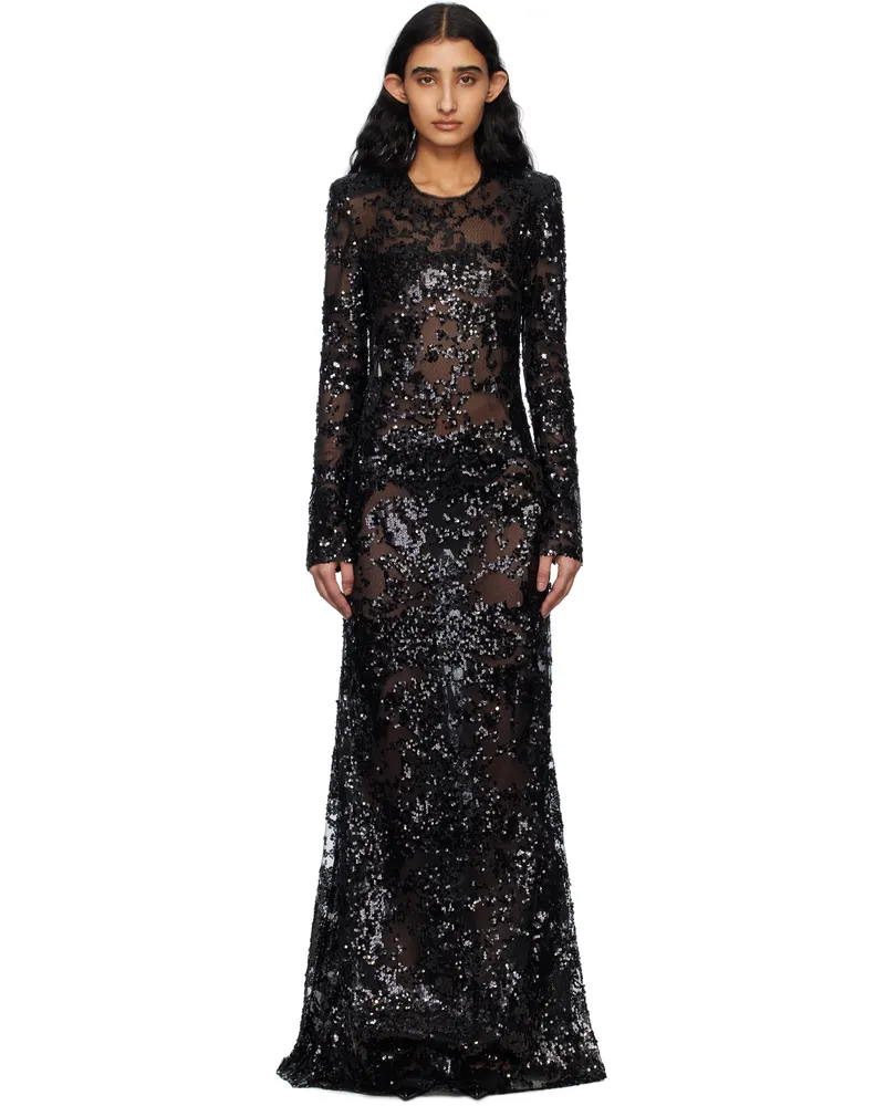 Victoria Beckham Black Long Sleeve Backless Sequin Maxi Dress Black