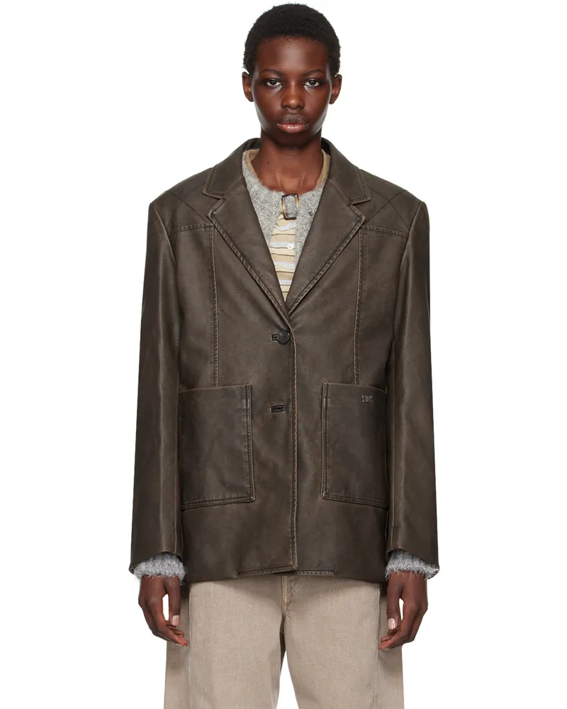 Kijun Brown Stitched Faux-Leather Blazer Dark_brown