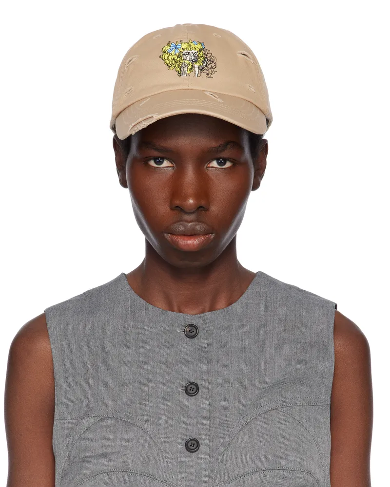 pushBUTTON Beige Crying Girl Embroidery Cap Beige