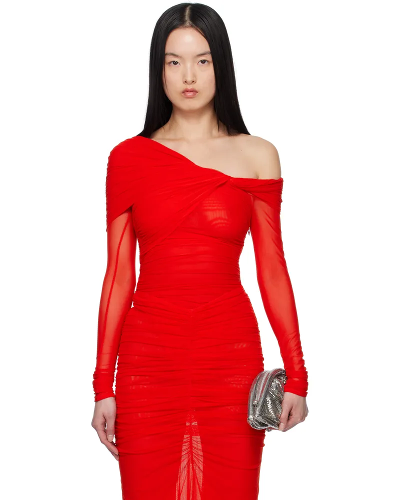 Thierry Mugler Red Off-Shoulder Ruched Bodysuit 3119