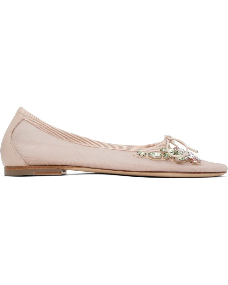 Simone Rocha Pink Embellished Flower Mesh Ballerina Flats Nude