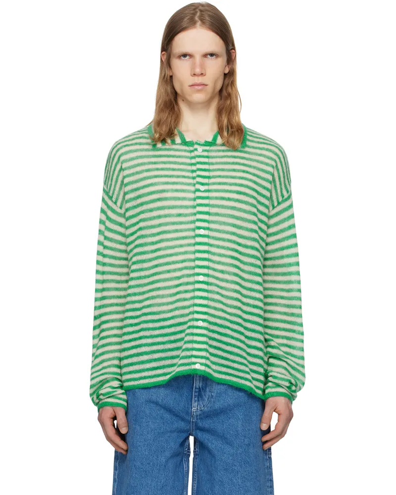 SUNNEI Off-White & Green Striped Mohair Cardigan 8191