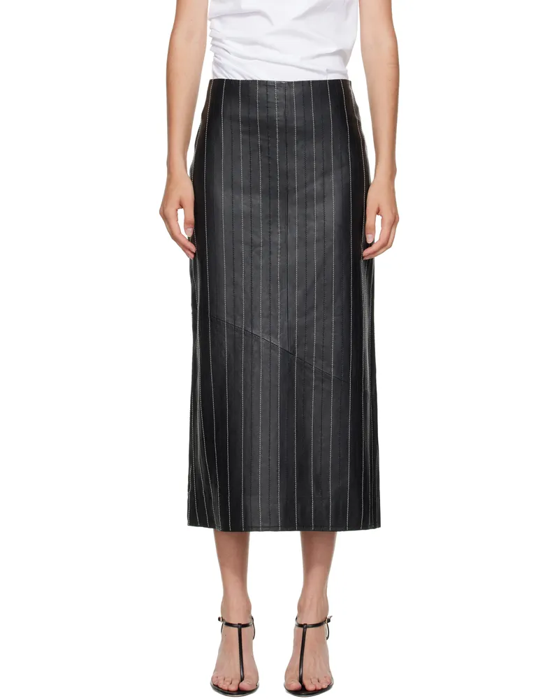 Victoria Beckham Black Kick Detail Leather Midi Skirt Black