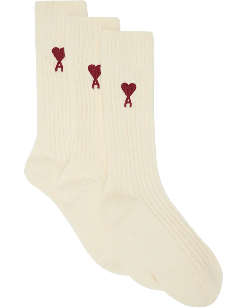 AMI Paris Three-Pack Off-White Cotton Socks Off