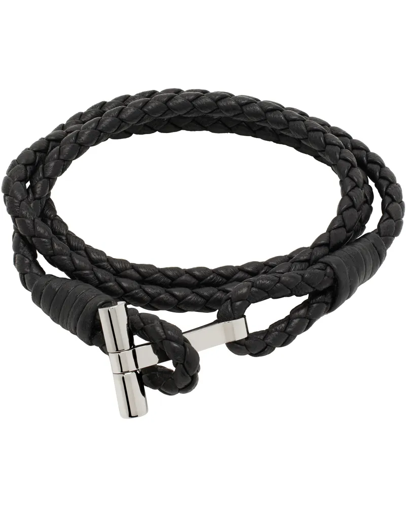 Tom Ford Black Braided T Leather Bracelet Black