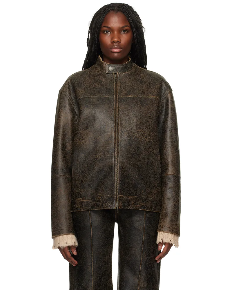 Guess Brown Crackled Moto Leather Jacket A11a