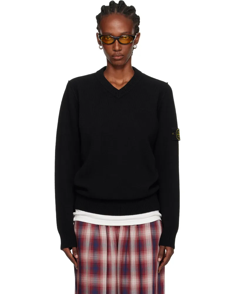 Stone Island Black 5100033 V-Neck Jersey Lambswool Sweater V0029