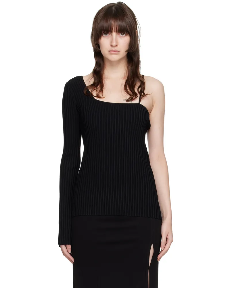 Helmut Lang Black One-Shoulder T-Shirt 014