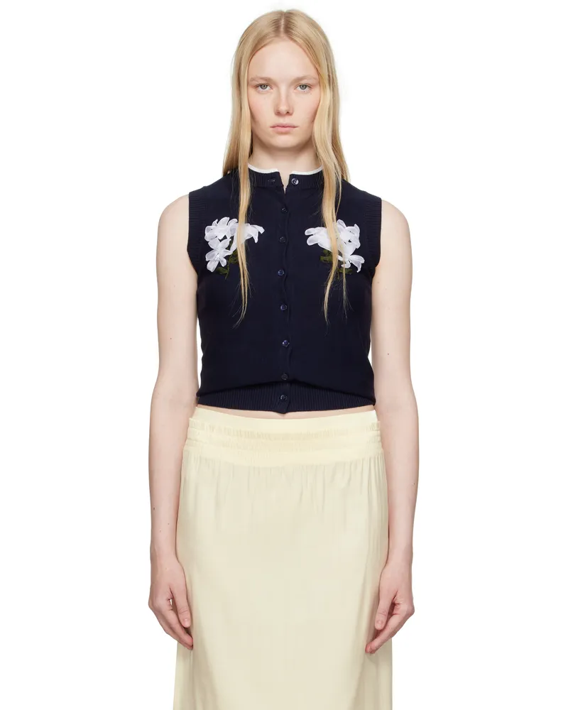 SHUSHU/TONG Navy Ribbon-Stitch Sleeveless Knit Cardigan Na100
