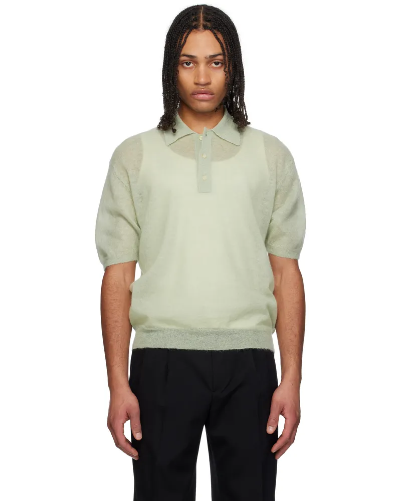 AURALEE Green Kid Mohair Sheer Knit Polo Pale