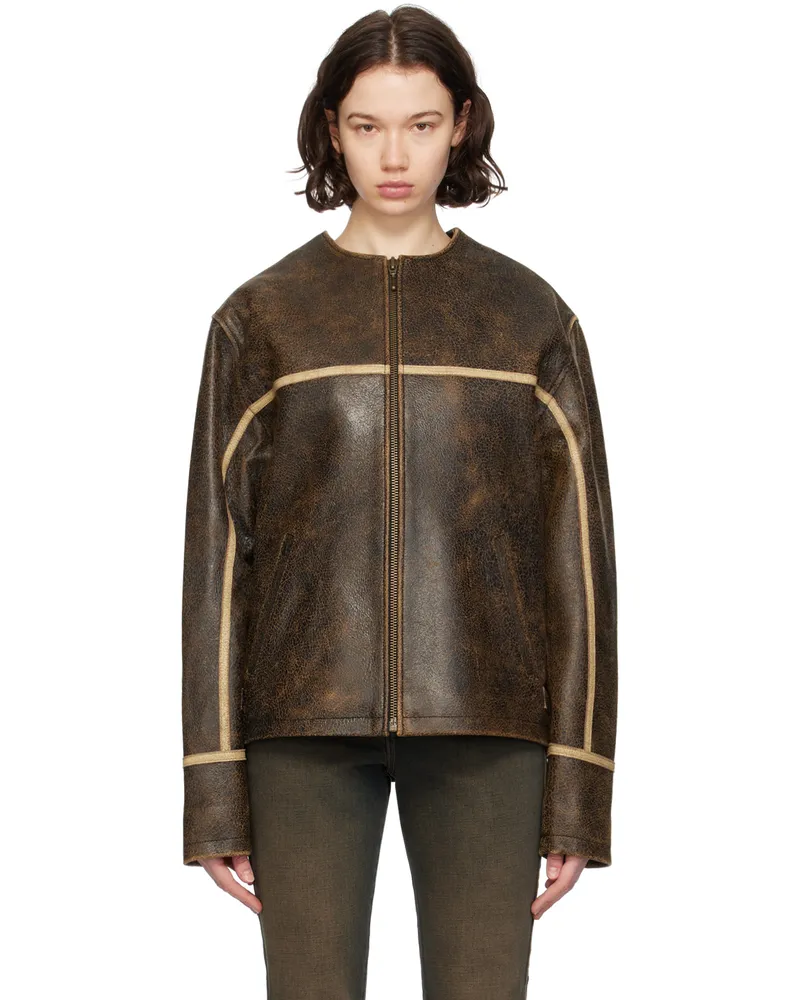 Guess Brown Crackle Leather Jacket A11a