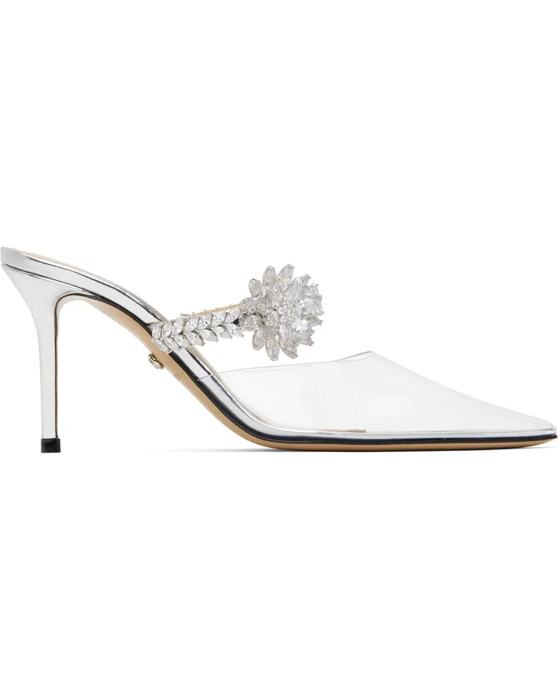Mach & Mach Silver Lotus Flower Jewelled Clear Mules Silver