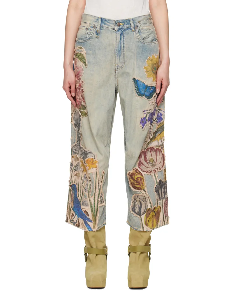 R13 Blue Cropped Wide Leg Jeans Applique