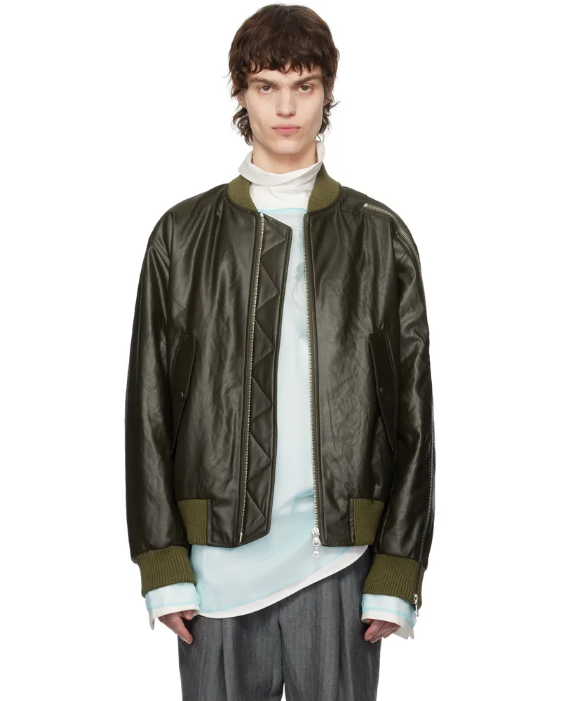 Dries van Noten Khaki Faux-Leather Bomber Jacket 606
