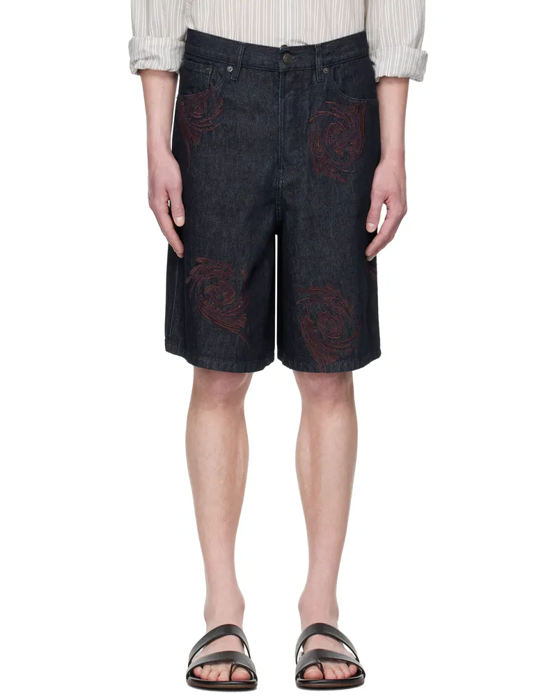 Dries van Noten Navy Embroidered Pattern Denim Shorts 507