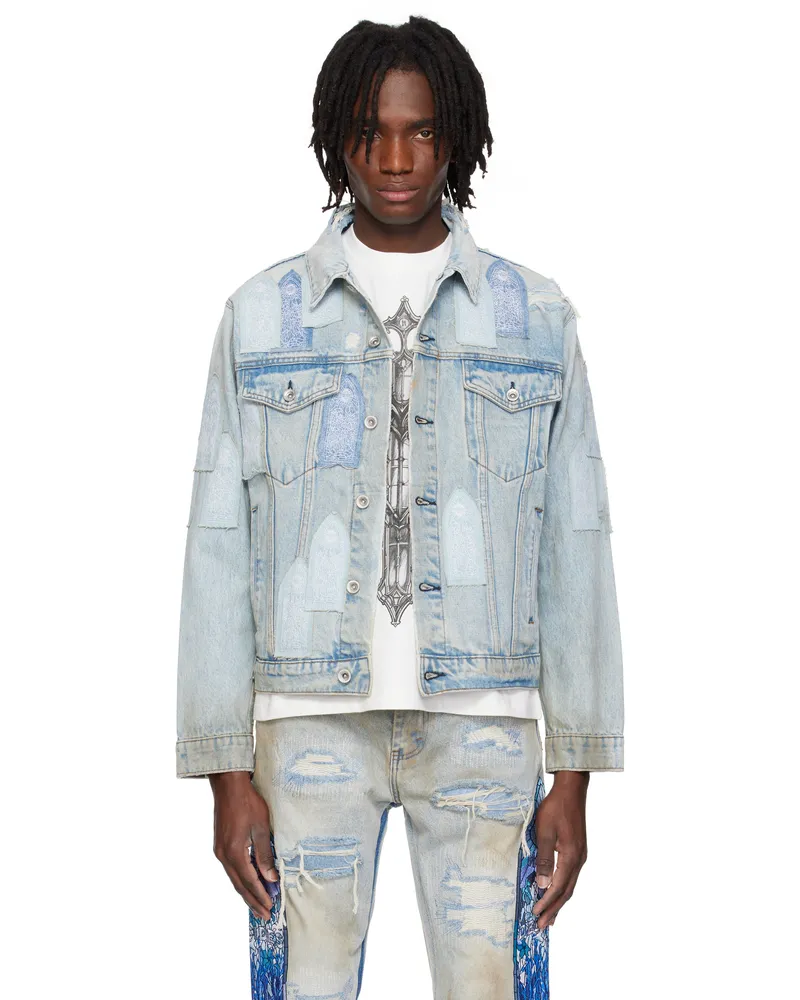 WHO DECIDES WAR Blue Patched Arch Denim Jacket Sky