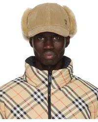 Burberry Beige Shearling Trim Corduroy Trapper Cap Teddy