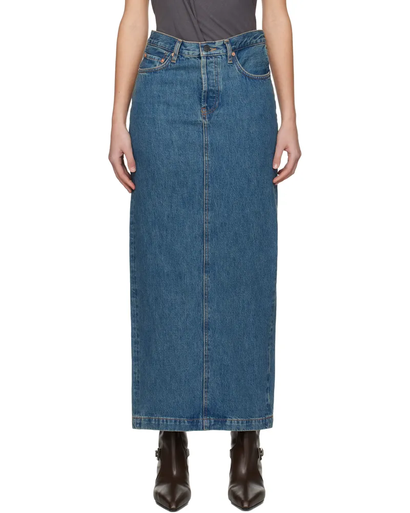 WARDROBE.NYC Blue Column Denim Midi Skirt Indigo