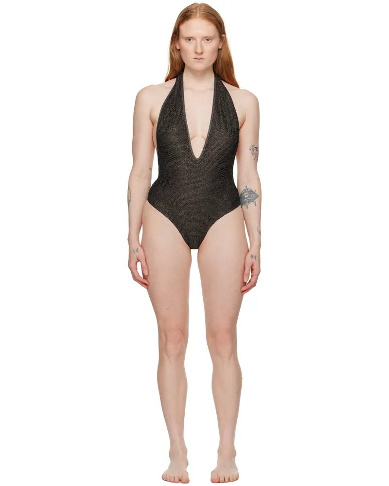 Palm Angels Gold V-Neck Swimsuit Black