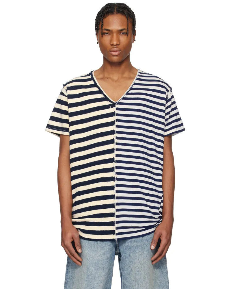 Greg Lauren Navy & Off-White Slit Striped T-shirt Multi
