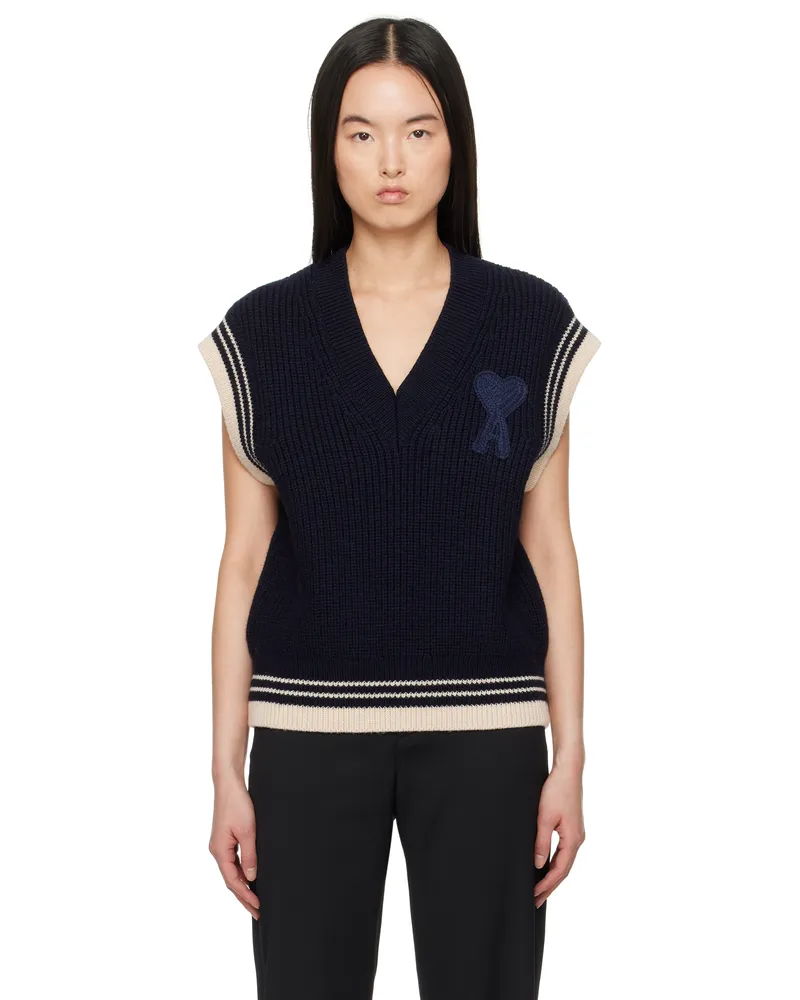 AMI Paris Navy Wool Ribbed Sleeveless V Neck Vest Navy