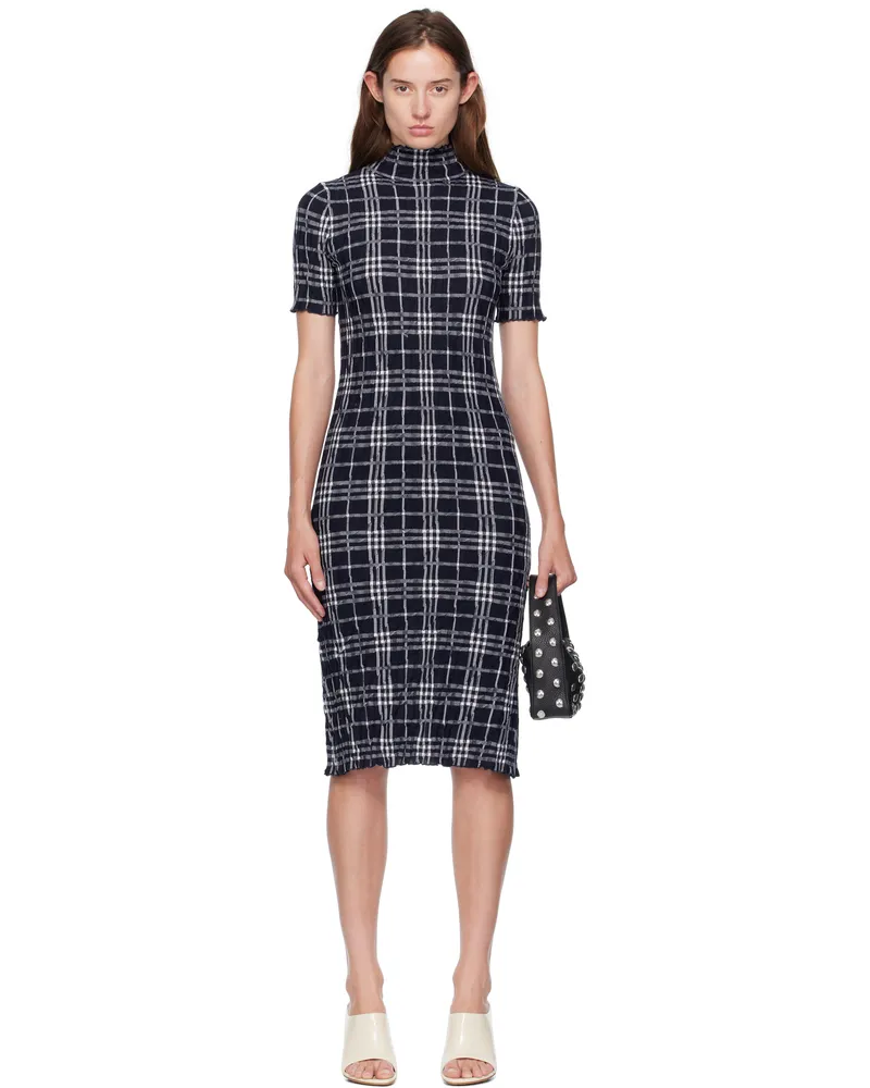 Burberry Navy & White Check Wool Blend Midi Dress Ink