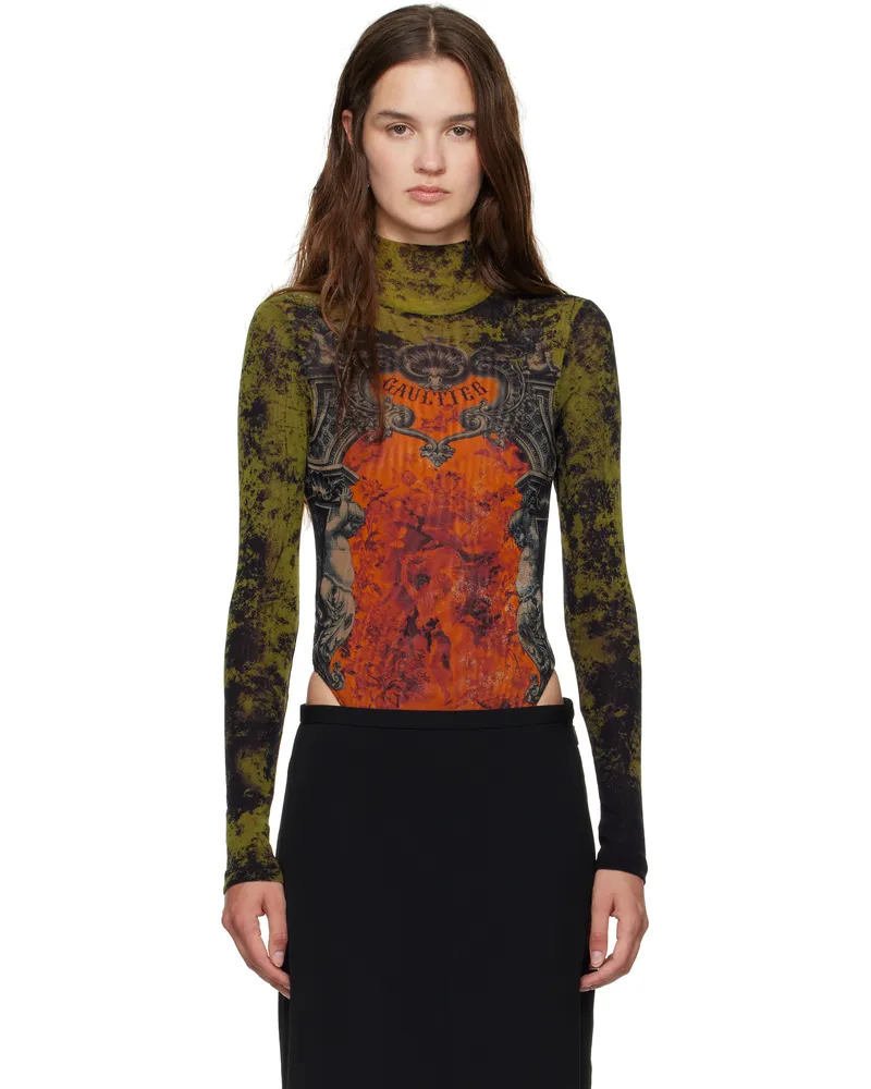 Jean Paul Gaultier Khaki & Orange 'The Médaillon' Open Back Bodysuit 004115