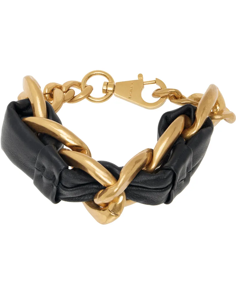 Balmain Gold & Black 1945 Soft Chain & Leather Bracelet Ead