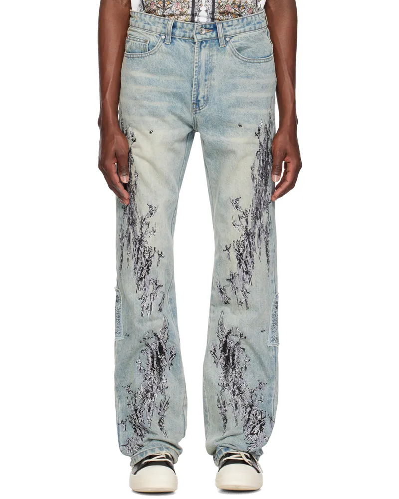 WHO DECIDES WAR Blue Scratched Denim Jeans Denim