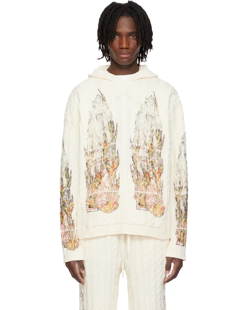 WHO DECIDES WAR Off-White Flame Glass Cable Knit Hoodie Cream