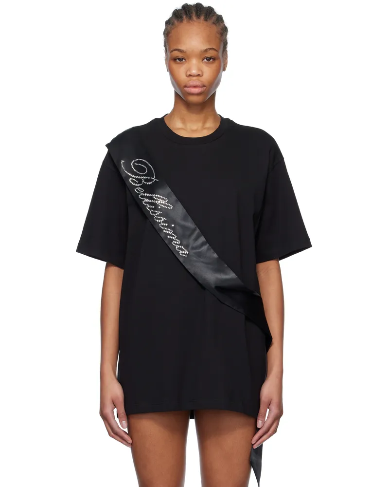 Blumarine Black Satin Band Rhinestone Embroidery T-shirt N0990
