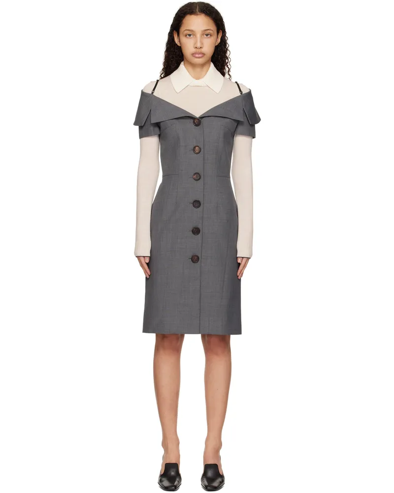 SHUSHU/TONG Gray Off-Shoulder Lapel Slim Midi Dress Gr100