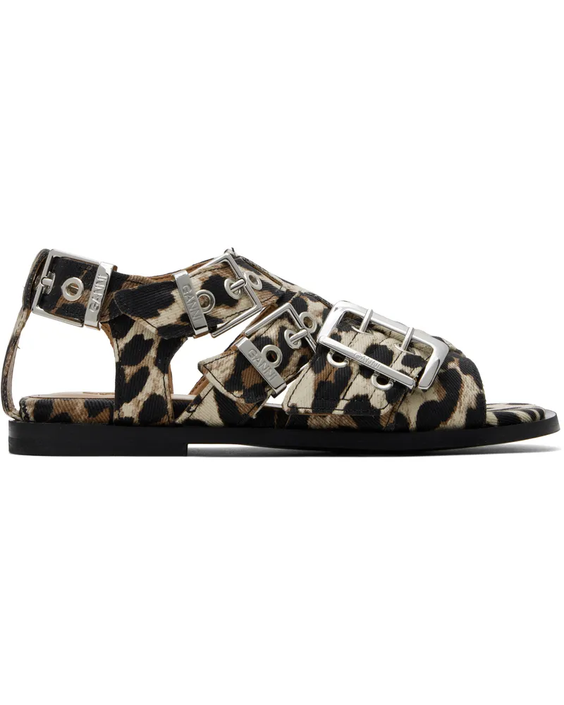 Ganni Beige & Black Feminine Buckle Strap Denim Sandals 943